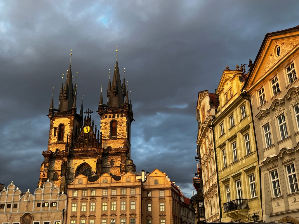 Prague old town square at golden hour
